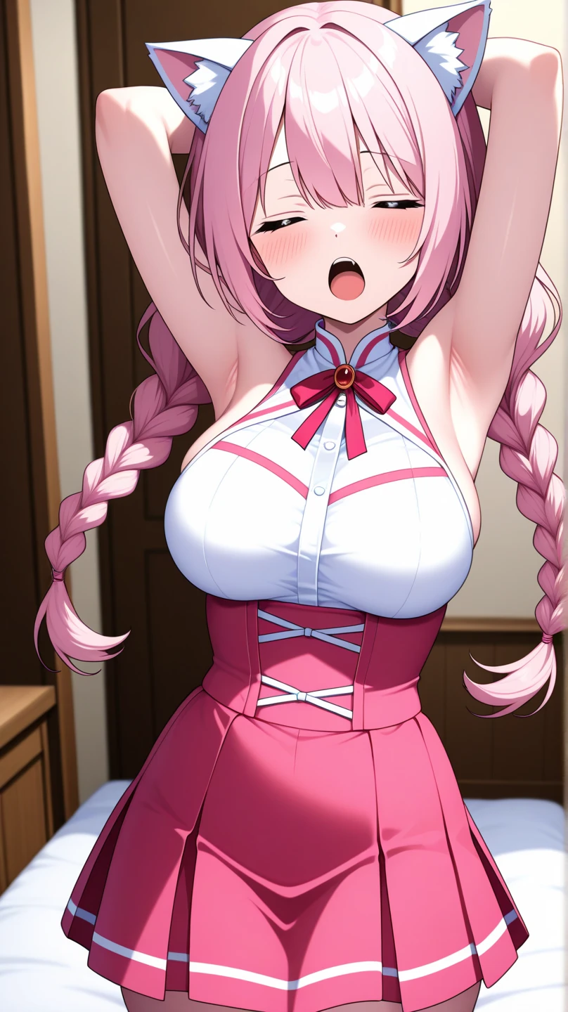 (4K、high resolution、Detailed light、Detailed Shadows、Detailed Design)、1 person、Pink Bronze Hair、Pink maid outfit、Double side slits、Big slit、(White apron)、Bigger breasts、A sense of inclusion、