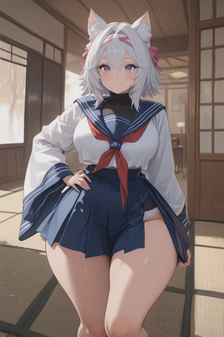 8K、masterpiece、Japanese、Woman wearing glasses、Neon(nod)、from the front、smile、Childish、Small breasts、See-through underwear、night、Bedroom、Show your underwear、mini skirt