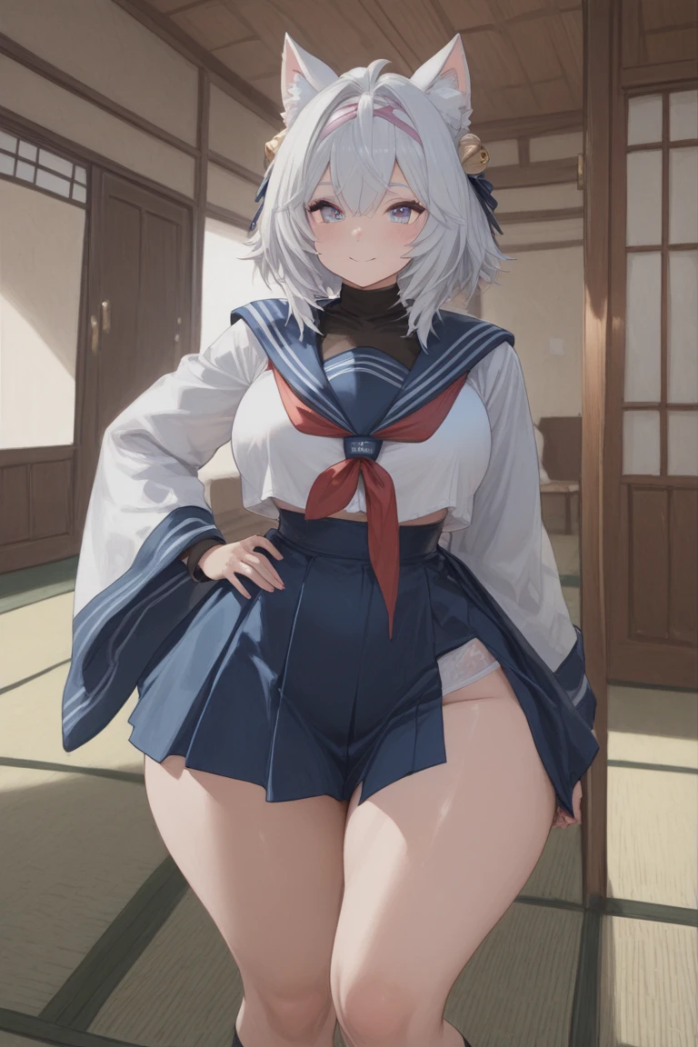 (((masterpiece))),fuyumi itadori, Anime girl characters, 1girl, solo, looking at viewer, medium hair,Her hair is white graded with BLUE ,orange eyes, long sleeves, cleavage, bigger breasts, clsed mouth, smile,collarbone, jacket, open clothes, open jacket, blue jacket, ground vehicle, sports bra, tall girl, horny, big ass, beautiful face,Charming, Tight-fitting clothing, hd picture, 4k quality, details of the face is so good,uhd picture, smile face, Flirting,All bodies visible, Standing pose,stand, Japanese face, anime style picture,