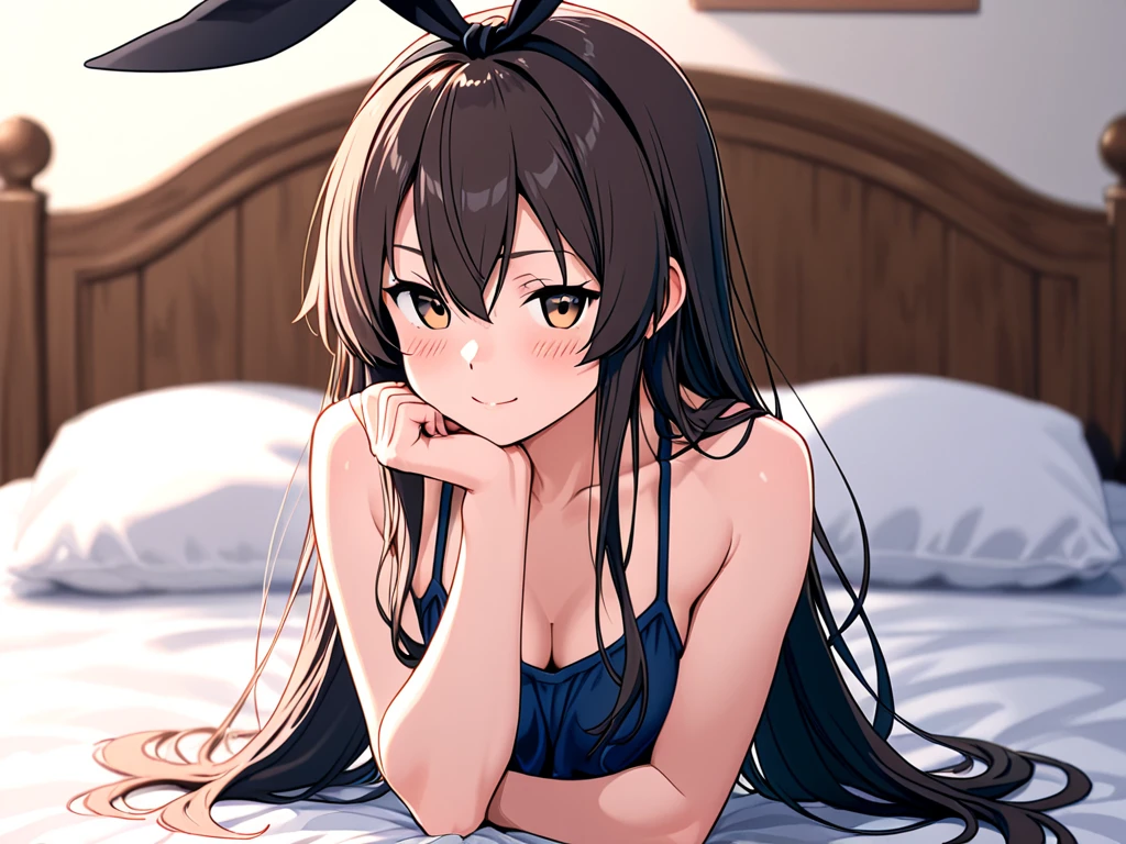 ((masterpiece)), ((best quality)), (ultra-detailed), on the bed, a cute girl, 1girl, solo, bunny girl00, ((beautiful eyes)), smile