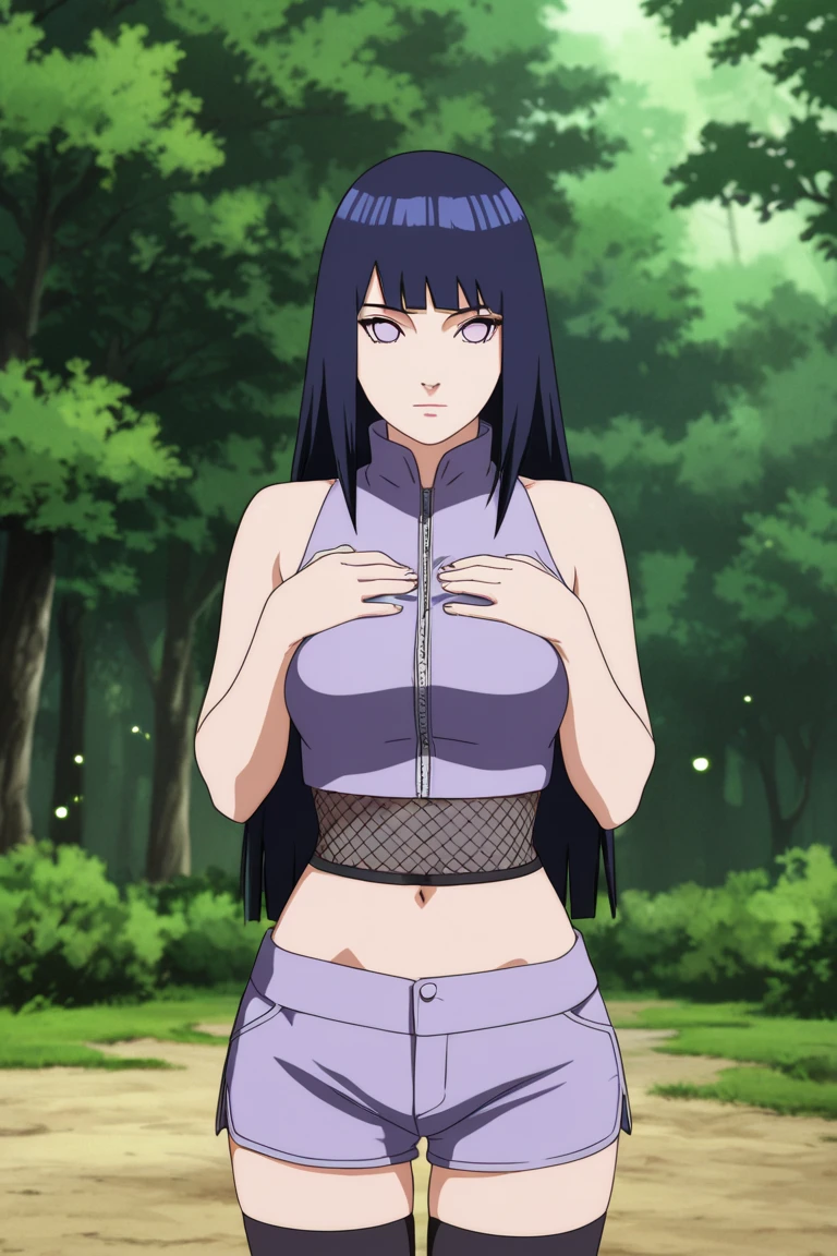 Hinata Hyuuga from Naruto Shippuden,18 years old Naruto Shippuden wearing a bikini that accentuates her breasts, quite embarrassed , Pool Scenario