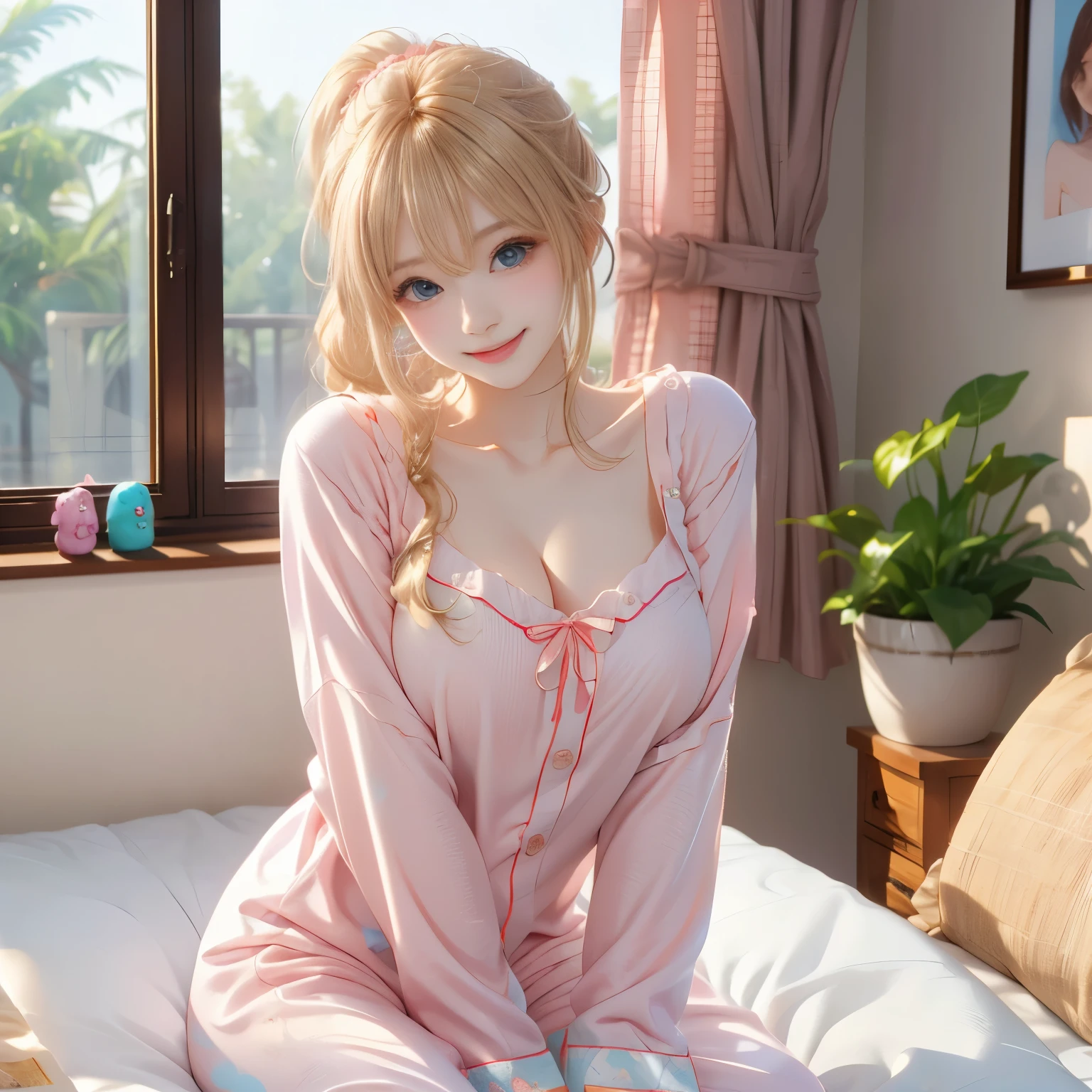 1girl in、Top image quality、Young Adult Women、hposing Gravure Idol、a blond、blue eyes、inside in room、dressing gown、The table、sit a chair、Glamorous、realisticlying、ren、A slight smil、Be sure to draw your face、Correctly depict the structure of the human body、relaxed poses、