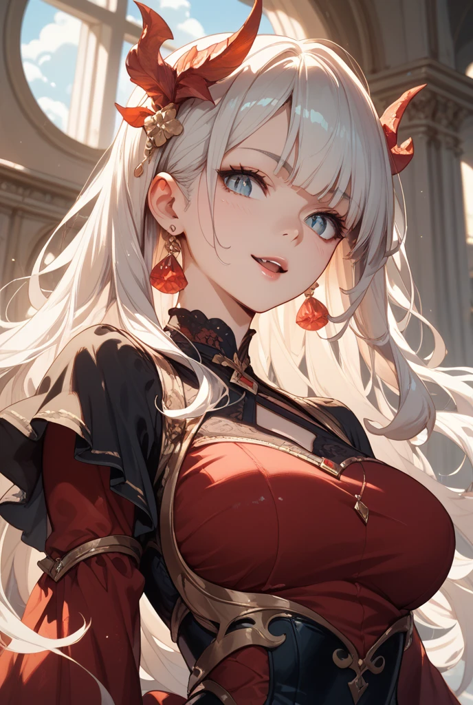 She blushes and averts her gaze to the lower right