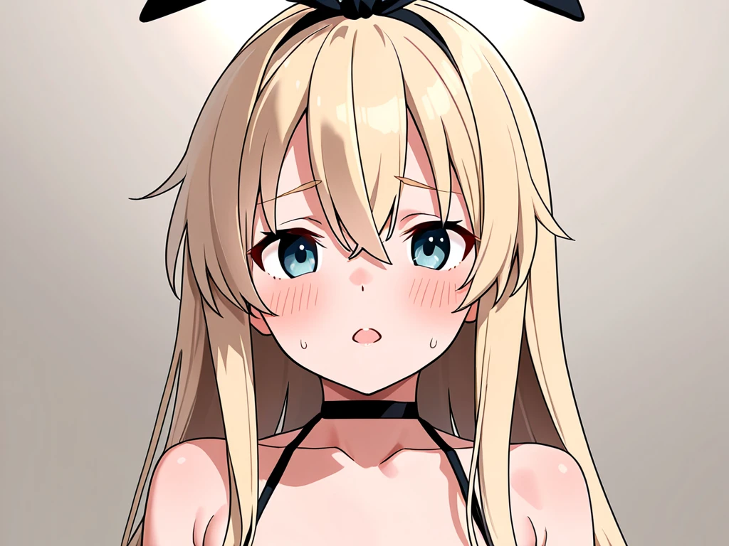 solo, 1girl, strapless, playboy bunny suits,  simple background, seductive smile, middle breasts, middle hair, dark blonde