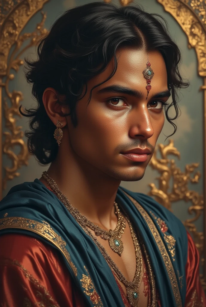 A painted portrait of a javanese prince, majapahit warrior, javanese male beauty, wavey hair, big seductive eyes, big lips, tan skin, handsome male, young, insanely handsome, upper body, muscular torso, fantasy, intricate, elegant, highly detailed, digital painting, art station, concept art, soft, sharp focus, illustration, art by Gaston Bussiere and tom of finland