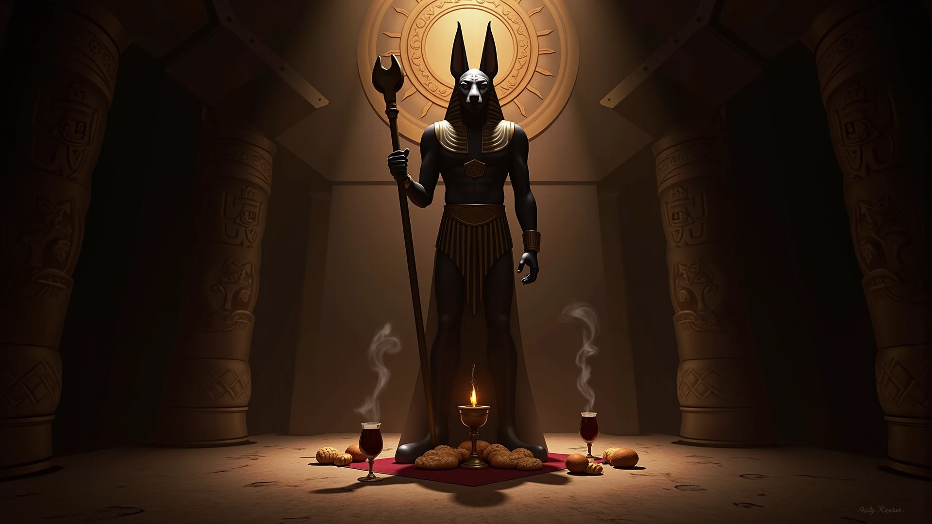 Anubis sitting on a throne with several bodies in front, And on top of it is written "1 C" em chamas