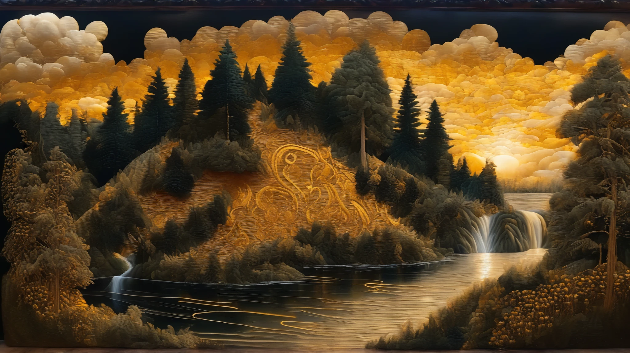 Golden hour forest landscape, velvet, embroidery, renaissance, lucas cranach oil on wood, oil on canvas, hyperdetailed, swirling flowing golden velvet dress and golden hair, whirlwind of golden sunlight and gold velvet