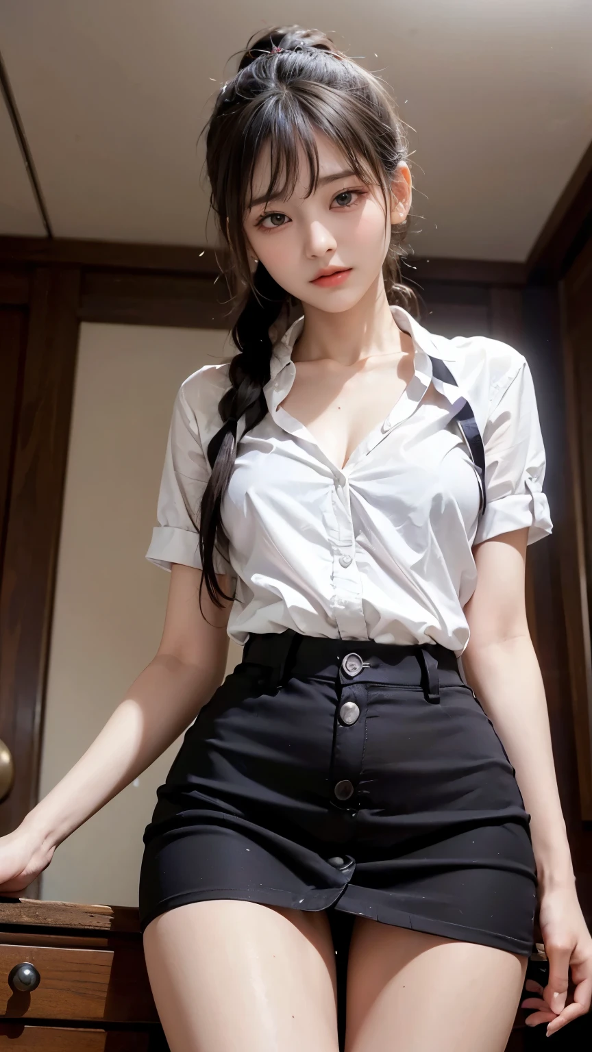 ((highest quality、Masterpiece、High resolution))、(((Zoom photo from below)))、(A shy smile:1.2)、One woman、button shirt, mini skirt、very slender, (very slim thighs:1.5), long legs, small butt, slim waist, clavicle, Trimmed bangs、ponytail、room, squat:1.3