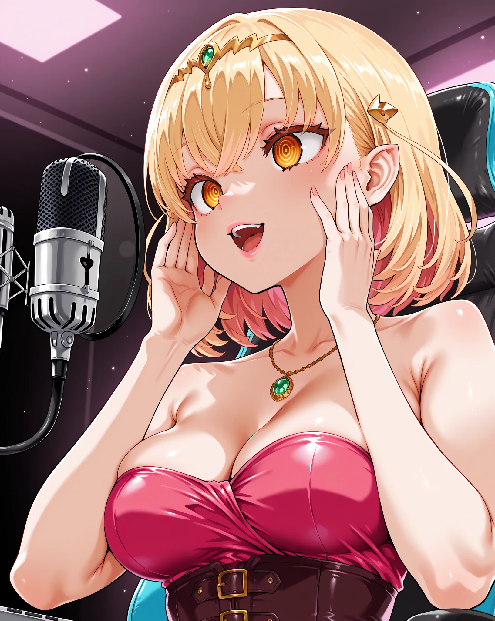 (masterpiece, best quality, high resolution, 8k), cowboy shot, BREAK, girl style anime, well defined eyes, high definition eyes, perfect body, perfect anatomy, eyelashes and black shadow under the eyes, detailed, round eyes with eyelashes and highlighted eye shadow, BREAK, brown light eyes, colorful hair, side-swept bangs hair, long pink sweater, round butt, perfect curves, with watch on her hands, medium breast, BREAK, girl singing in a karaoke with a microphone, big speakers and subwooferlaser lights and colorfull ballons in a party house.