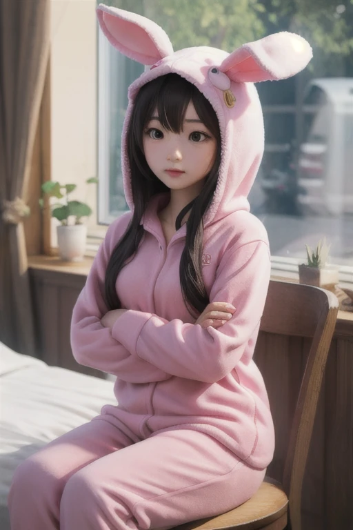 Create an image of the Sanrio character Kuromi , wears a purple sweatshirt that says "Brenda", He is in his room decorated with Kuromi's character., art digital, cartoon