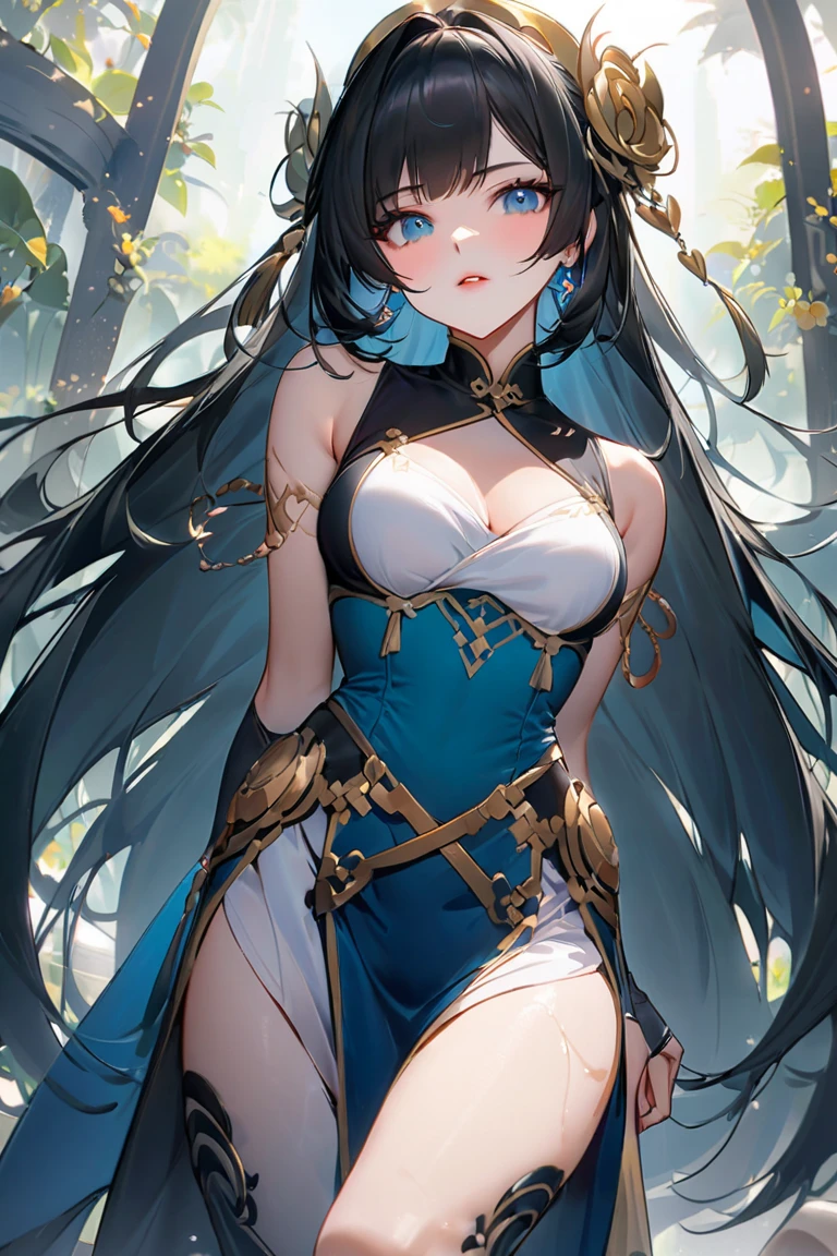 long hair, black hair, medium breast, slim legs, happy, blue gown, cleavage, arabian belly dancer , short skirt, rin tohsaka, twin tail, navel, garden, blue eyes, tiara, sitting, thigh high socks, sunlight,