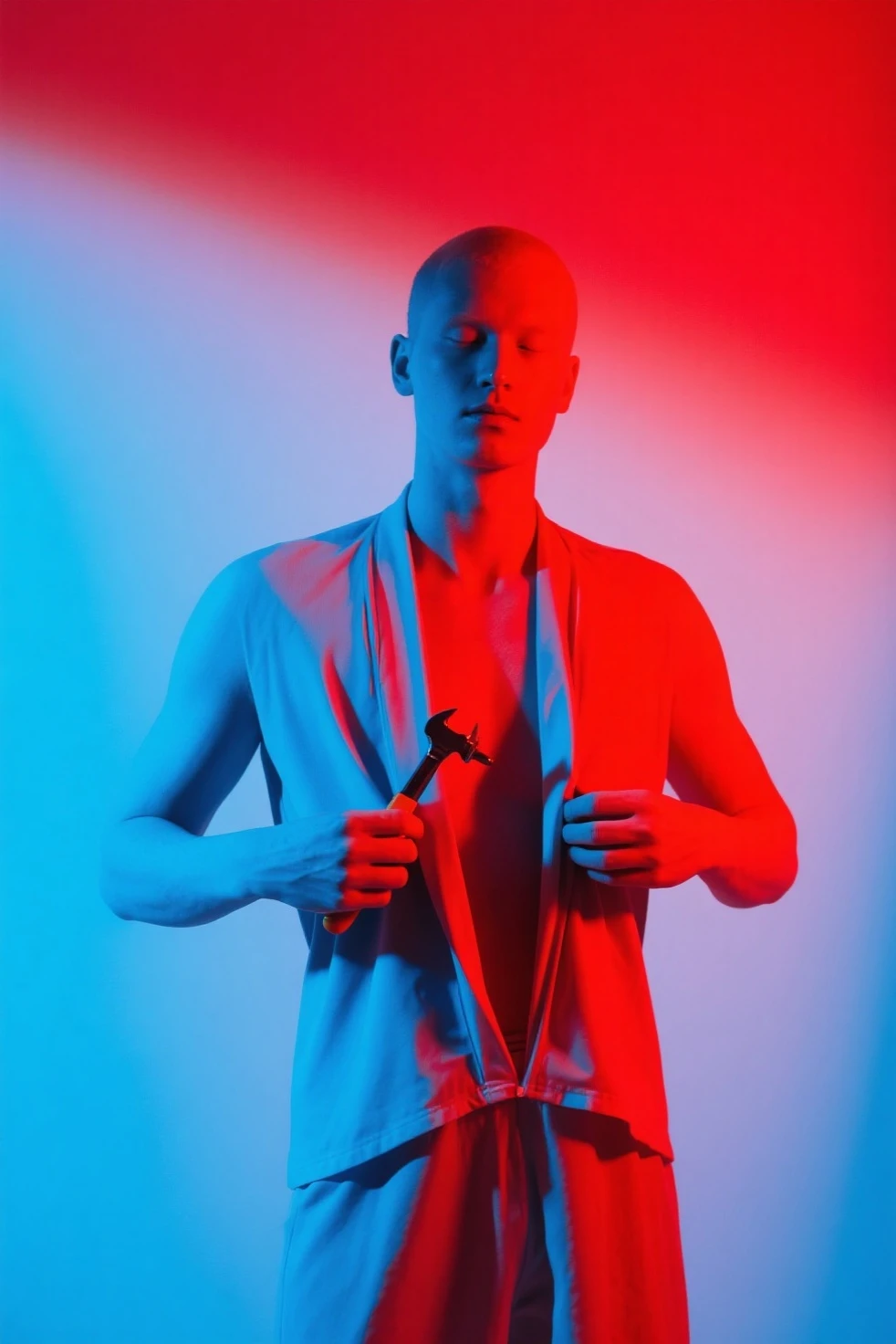 181 cm tall, 22-year-old shirtless male boyish fashion model, lean figure, short platinum blond layered hair with side swept bangs, Germanic-Icelandic features, tight black pants, amused expression:1.4, standing in large chic dark walk-in closet lined with gothic and colorful dresses, pants, shoes and other accessories, photorealistic, cinematic