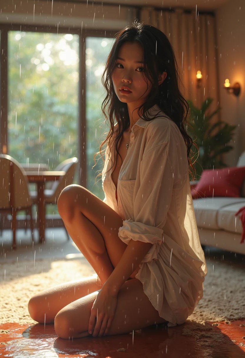 professional photo, a beautiful woman korean with long hair flowing down the front, wearing a white shirt with one button open, short jeans without shoes,
sitting with her back sideways against the wall, facing the windshield window with her hands resting on the window rim, her face slightly bowed looking sad, on the floor strewn with leaf stalks and scattered rose flower fragments, afternoon, rain outside the glass, in a room, quiet, bokeh effect, full HD, realistic, cinematic, photographic