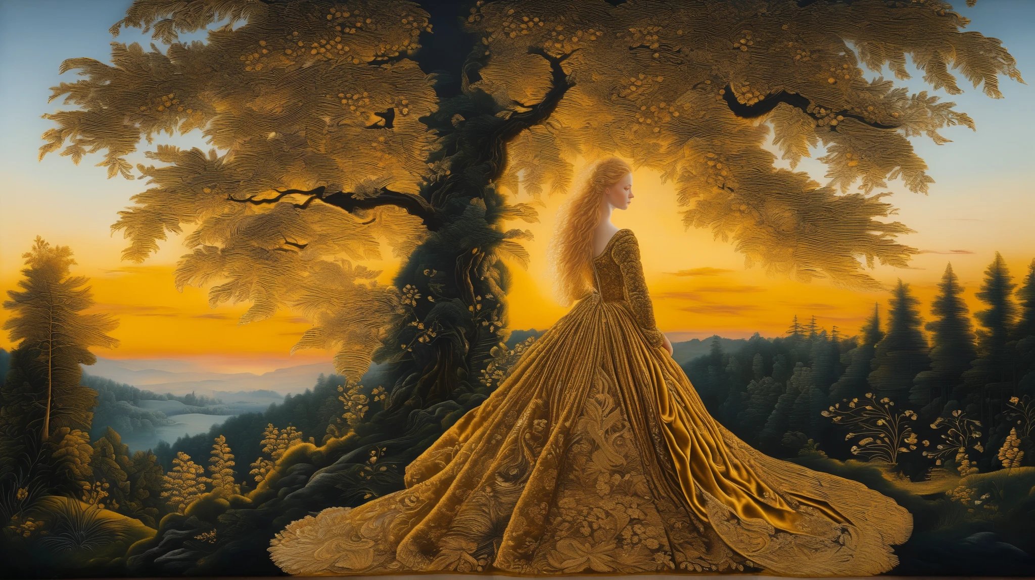 Golden hour forest landscape, velvet, embroidery, renaissance, lucas cranach oil on wood, oil on canvas, hyperdetailed, swirling flowing golden velvet dress and golden hair, whirlwind of golden sunlight and gold velvet
