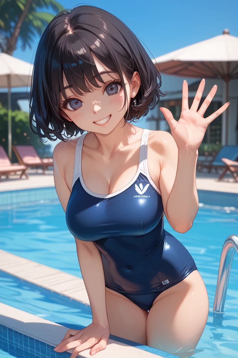 nsfw,Tabletop, Highest quality, Ultra-detailed illustrations,One Girl、alone,(Navy school swimsuit:1.2),(Black hair color),(ponytail),(Big smile:1.5),(tsurime),(Please open your mouth wide),(Cowboy Shot),(Bright sky:1.3),(Jumping),(swimming pool:1.2),(From below),(Raise the hand),(Underarm) ,Huge Breasts:1.5