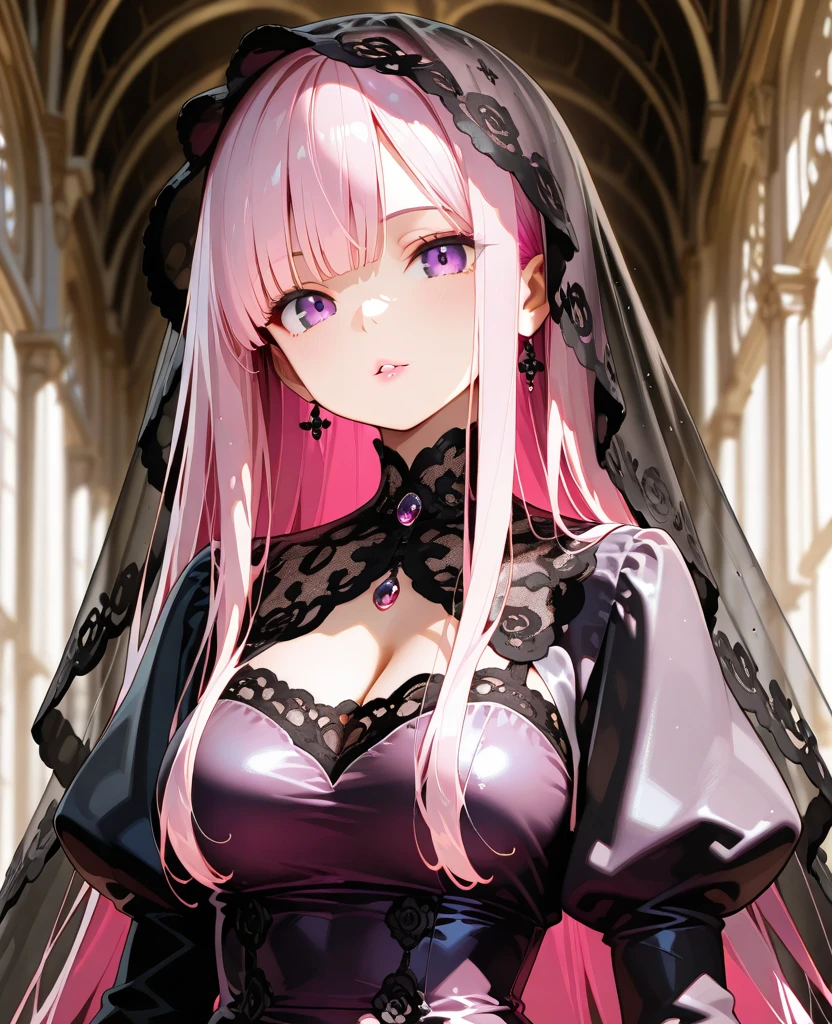 1 girl,Depp's Sense,confused,catch light,Super beautiful illustration,(pink hair,long hairstyles:1.3),turn around,eye shadow,(black clothes,Gothic Lolita),Upper body,;d,beautiful and delicate flowing hair,(delicate and detailed purple eyes),emphasized chest