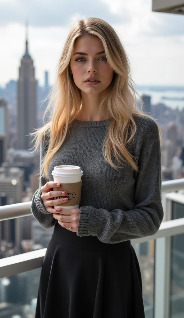 (masterpiece, best quality:1.4), (modern days), (cowboy shot), 1girl, solo, pov, sfw,
stunning girlfriend, (standing:1.1), dynamic pose, (white oversized sweater, knit sweater:1.4), (tight yoga pants, dark grey yoga pants:1.4), (short navy blue jacket, denim jacket:1.4), long blonde hair, swept bangs, heart shaped face, elegant face, beautiful face, highly detailed face, highly detailed skin, skin pores, subsurface scattering, (detailed blue eyes), realistic pupils, large breast, loving smile, looking at viewer, full face blush, full lips, holding a single coffee cup, centered,
coffee shop in background, city street, sunny day, wind, detailed background, depth of field, atmospheric perspective, volumetric lighting, sharp focus,
absurdres, realistic proportions, good anatomy, (realistic, hyperrealistic:1.4), 16k hdr,