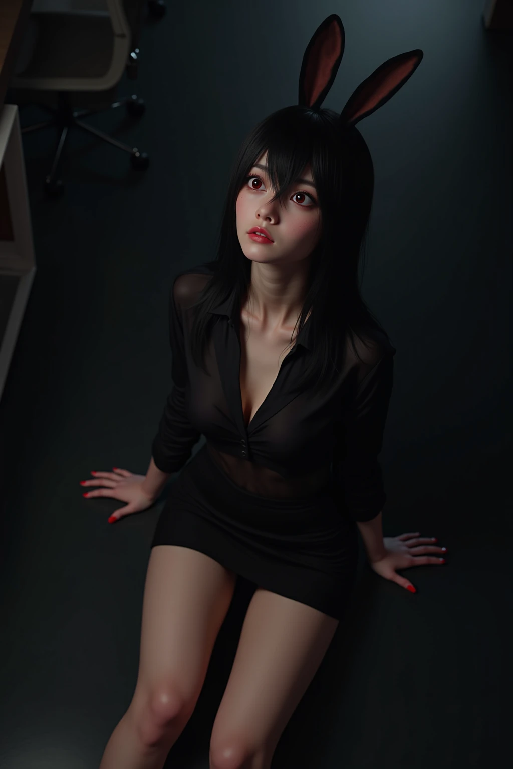 score_9, score_8_up, score_7_up, beautyful mature japanese woman, slim body, slender body, black jacket, black jeans,big long fringe black hair, black lipstick, pink bra, calm face, sit, morning, leaning against a wall, crossed legs