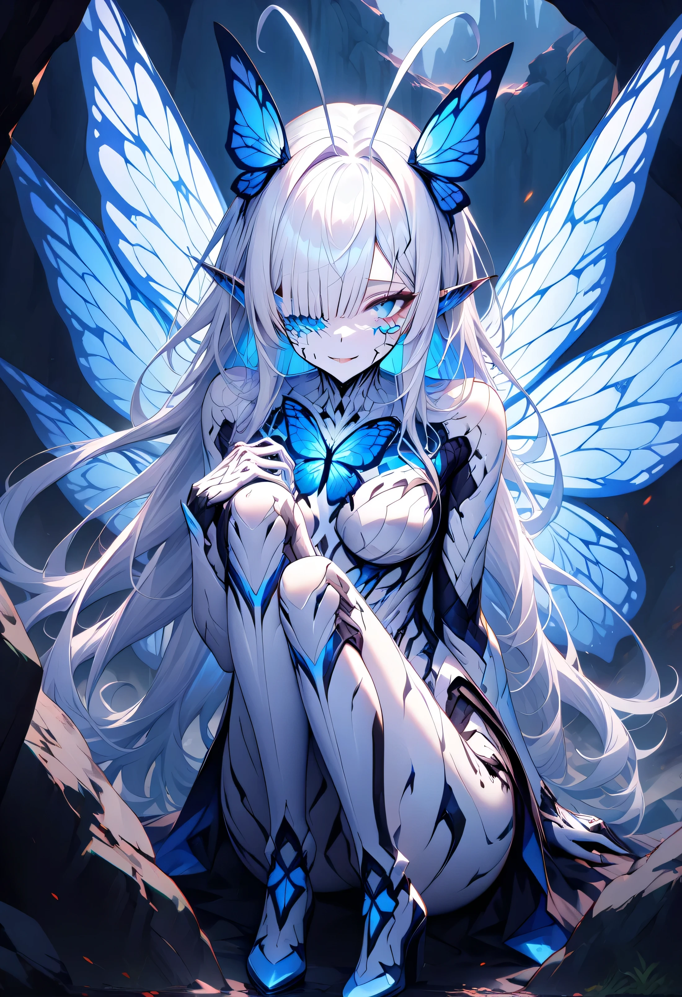 (masterpiece: 1.5), (best quality: 1.5), (1 girl: 1.5), ((score_9, score_8_up, score_7_up, white hair)), ((full body: 1.5)), (alone: 1.5), ((Ultra Detailed Female Face: 1.5)), ((Ultra Detailed Bright Blue Eyes: 1.5)), Masterpiece, Superior Quality, Alone, Butterfly, Girl, Monstrous insectoid mature woman, ((insectoid monstrous face)), ((2 white antennaeMature face)), Long Hair, ((Has large blue butterfly wings with eye pattern on her back)), Long white hair with glittering highlights, Square bangs over blue eyes, Elongated insect ears, Helmet over eyes, Helmet covering face looking like a menacing insect-like monster, Medium chest, White carapace, Extra eyes, Antennae, Thin, Blue eyes, Detailed eyes, Pale skin, Black crack, Mandibles, Thorax, Neck fur, Shell state, Night, Cave, Nightmares, Tame eyes, Skin carapace, Blue skeletal monarch butterfly wings, White armor, Blue accent, Soft light, Blushing, Smiling, Seductive pose, Close-up, Full body, Hand raised, Looking at viewer, Front view, Neon, Super detailed