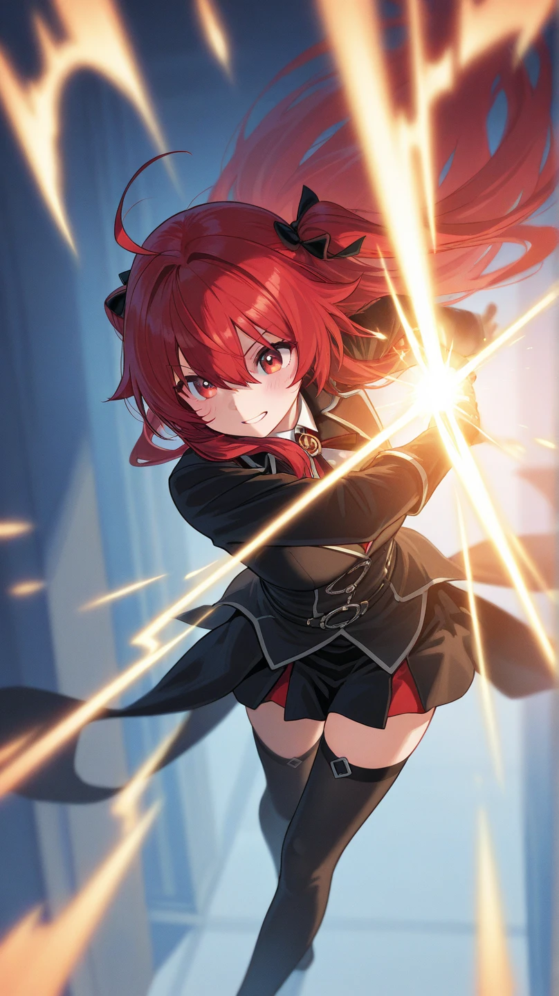stella vermillion, school uniform, garter straps, black thighhighs, cross-laced footwear,  (fluttering skirt, white underwear:1.2), Big breast, closed eyes, :o, knock back, torn clothes, lightning, headback, tongue out