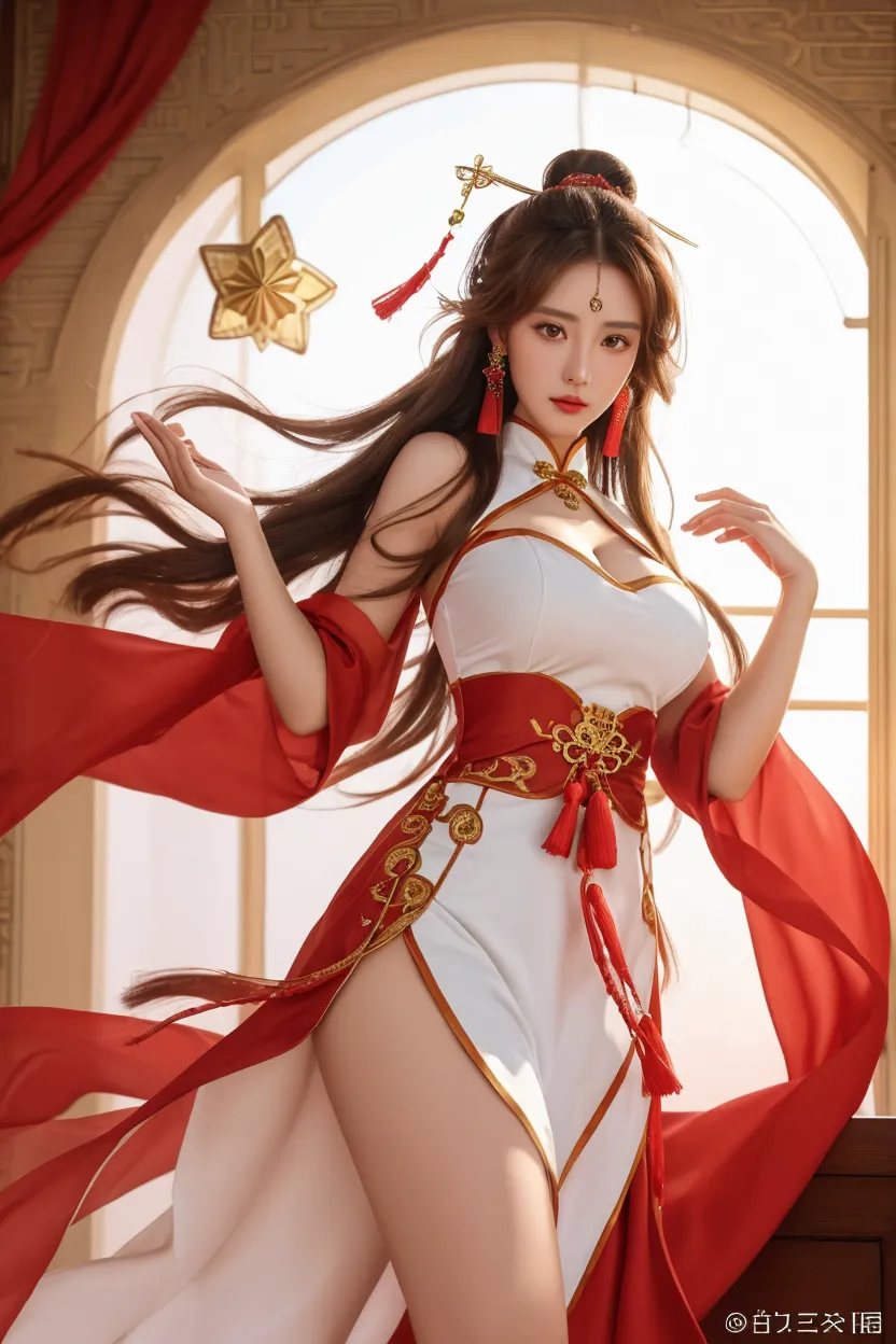 Boa hancoc. one girl, dark-haired, dressed in red, in a white robe, beautiful, marine, realistic, holding his cheek