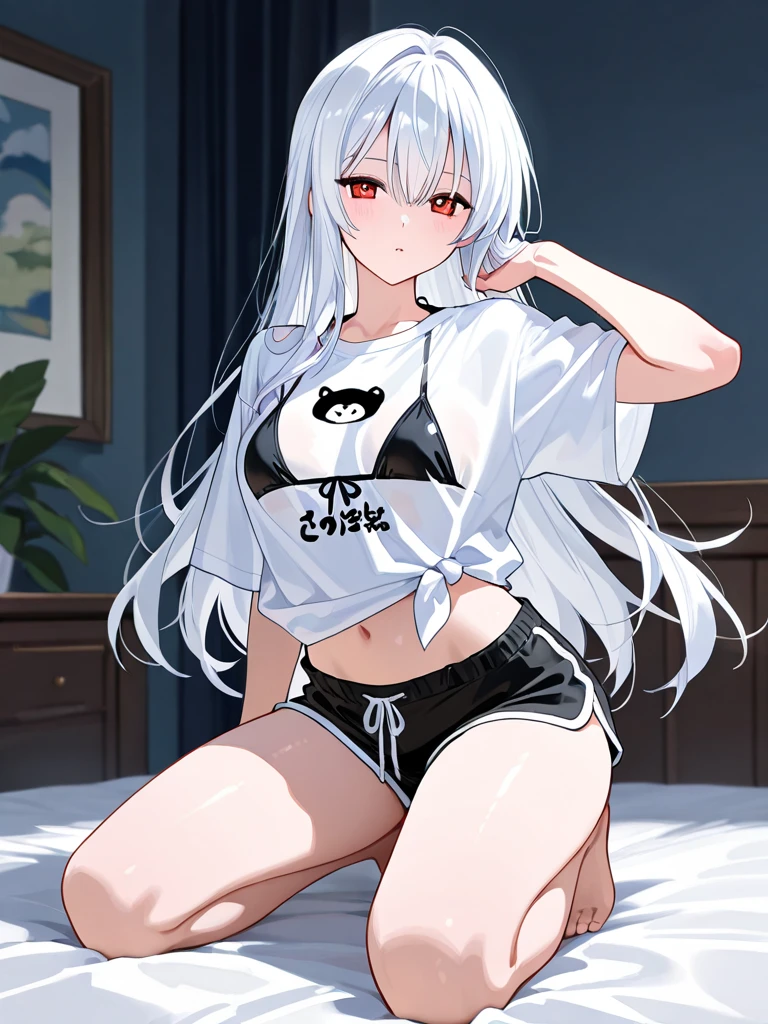 1girl, shy, skinny girl, 18, Spread legs, bra,T-Shirt, cute hair, girl, ready for sex, flirt, white hair, white skin, mid , non big ass, cute skirt , cat ear,nsfw 2.0