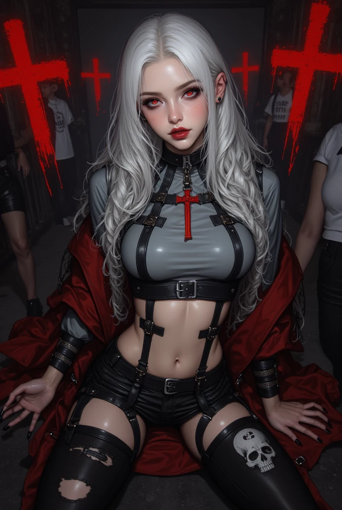 (Ashenhardt style:1.4), Masterpiece, Best quality, High quality,(Red eyes with dark red glow), (in profile), Abstraction, Deep Sea, Award-winning photography, Depth of field, HDR, Very detailed, Trending in art station, Trending in CGsociety, Complex, High detail,(Masterpiece: 1.2, highest quality), (Best lighting, very delicate and beautiful), (Best lighting, Very delicate and beautiful), (beautiful detailed face), (detailed eyes and detailed face:1.2), dark fantasy, (young girl, 1girl, solo, crazy smile, pale skin,G cup,cleavage,19 piercings,((tattoo all over body,tribal tattoo all over foot)) gray hair, red glowing eyes, dynamic angle, vampire), ((back art paint on the ground, pointy_ears, fangs, blood on face, blood rain, blood mist, (depth of field),high contrast,(blood splash:1.4),cowboy shot,full body, colorful poses,((Uniform,Blazer,Ruffled miniskirt,Light colored panties:1)),Cowboy shot,Denim jacket, really short clothes, NSFW