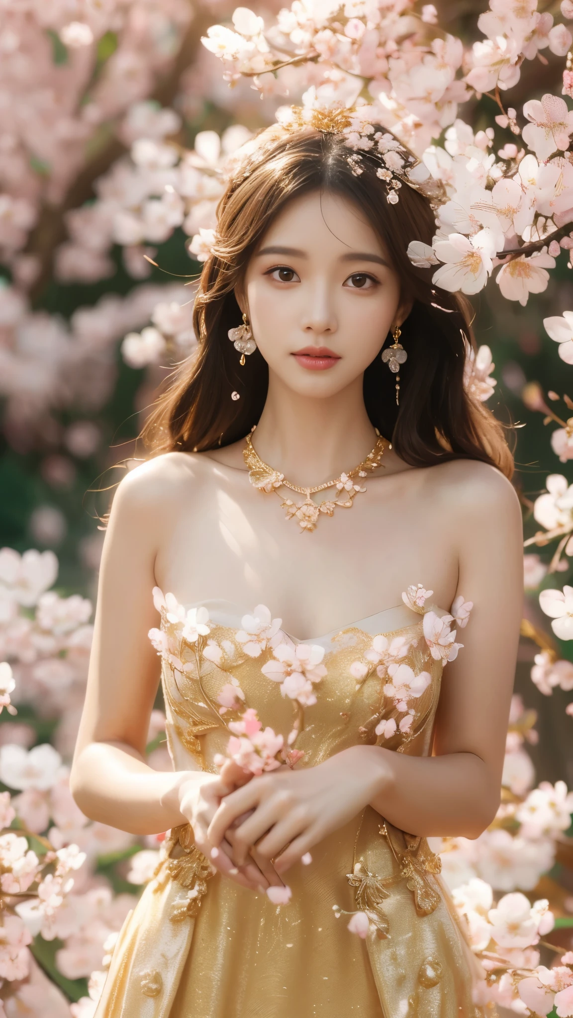 4K, Ultra HD, Masterpiece, 1 girl, (good face:1.4), detailed eyes, very long hair, princess dress, (golden dress:1.5), ((loops:1.4)), (jwellery:1.5), (cherry blossom:1.5), (bloom effect:1.5), Detailed Fantasy Art, Stunning Character Art, beautiful Exquisite Character Art, Beautiful, Extremely Detailed, Exquisite Intricate Headdress and Jewellery, perfect body, looking directly at the audience, lovely pose,