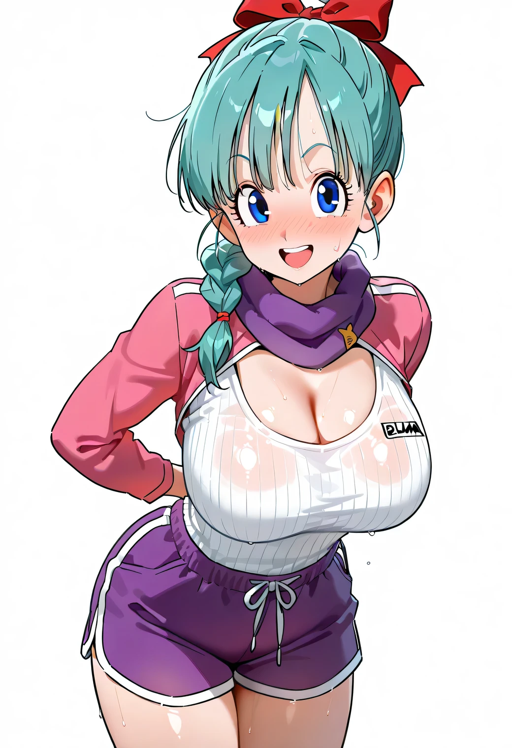 source_anime, score_9, score_8_up, score_7_up, anime screencap, BULMA, BULMA FROM DRAGON BALL, bulma \(dragonball\), 1girl, solo, smile, open mouth, blue eyes,, ribbon, aqua hair, braided ponytail, hair ribbon, braid, ,,,, single braid, bird,, purple scarf, raised eyebrows, eyebrows, eyelashes, wearing a tight, ribbed pink turtleneck crop top and short purple gym shorts with white trim and drawstring, standing in a relaxed pose with one hand behind her back. Long flowing hair, Soft lighting on a white background. Anime-style, high detail, clean lines, smooth shading, ultra-high resolution , NOSE BLUSH, COVERED BREASTS,, , white background, dynamic pose,, opaque clothes, LOOKING AT VIEWER, COWBOY SHOT,, WHITE BACKGROUND, EMPTY BACKGROUND, POSING, large breasts,, sweat, sweaty, sweaty:1.3, nose blush, white background, simple background, looking at viewer, nice legs, legs, standing, solo, female, shiny skin, shiny hair, shiny body, clear body, COWBOY SHOT, soft white background. High-resolution anime-style illustration, clean lines, smooth shading, and rich fabric details., opaque clothes, LOOKING AT VİEWER, opaque clothes, POSING, white background, empty background, CLEAVAGE, POSING, looking at viewer, NOSE BLUSH, LARGE BREASTS, teeth, HUGE BREASTS
