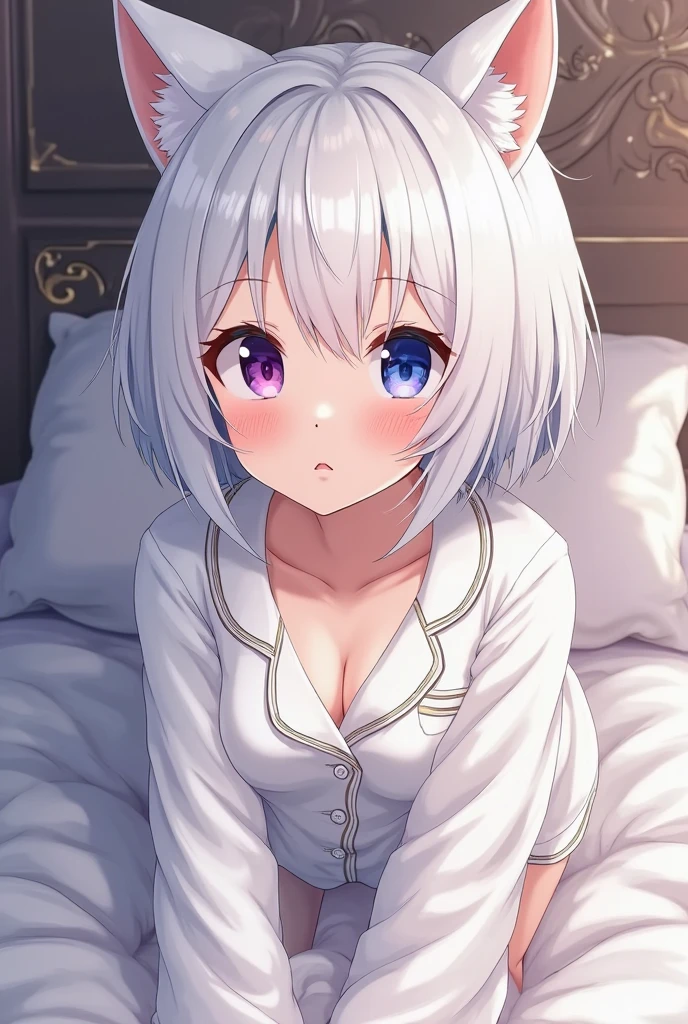 White Hair Girl、Pink Eyes、Short Hair、Only one girl、Night、In the bedroom、Blushing、laughing、Excited、Just One、Sitting on the bed、Wearing only underwear、Sweating、nsfw