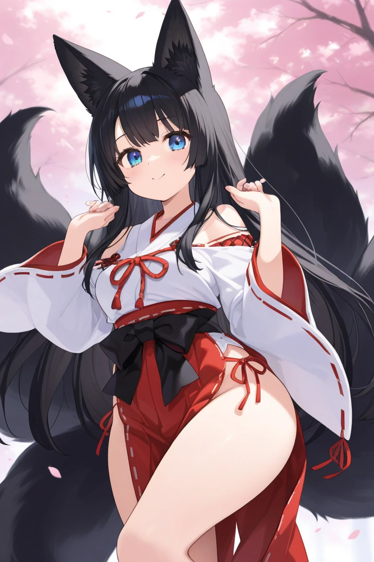 masterpiece, best quality, highres, ah3, facial mark, multiple tails, fox tail, white lingerie, sexy, white thighhighs, medium breasts, smile, cowboy shot, standing, leaning forward,