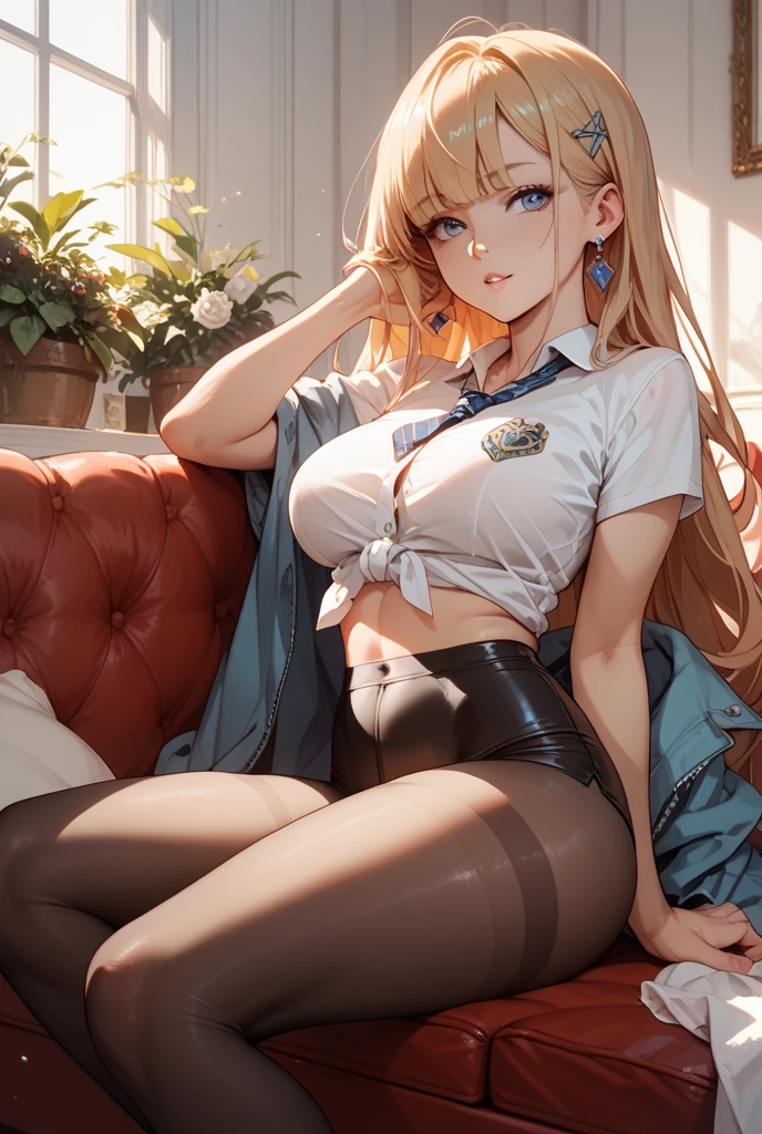 lectern, bodystocking, Kizi, school uniform, school skirt,Open clothes, ,Pantiesd，Bras can be seen，The bra is exposed，Leg to knee，Blonde hair，angelicales，Blushing，Feathers fluttered around，fresh flowers，rays of sunshine，8K，Semen on the fewd expression，exp ，Exposed genitals，Succubus Patte