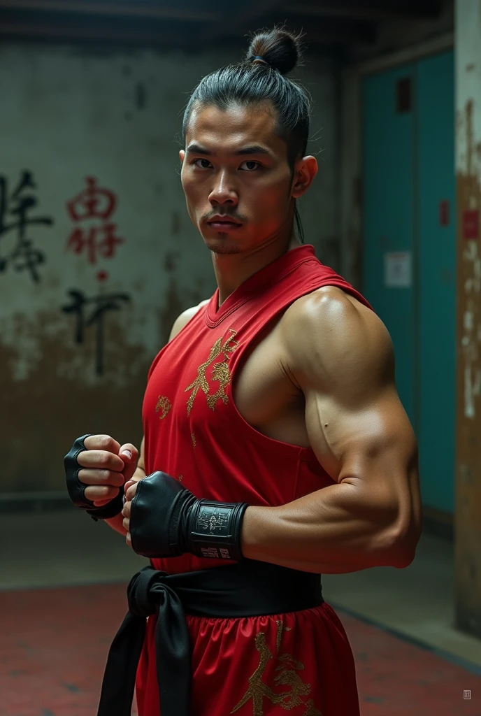 A 28-year-old man with muscular build and short black hair, wearing a traditional ninja outfit, is engaged in a pose with a scorpion-themed weapon called a kisarigama, surrounded by fiery flames. The scorpion tattoo on his arm is prominently visible as he holds the weapon with both hands, ready to strike. His intense gaze focuses on the camera with a determined expression. This image is a high-quality, cinematic masterpiece, taken with a Nikon camera using natural light and captured in 4k, highest definition. The details of his muscular physique, the intricate design of his ninja outfit, and the lifelike rendering of