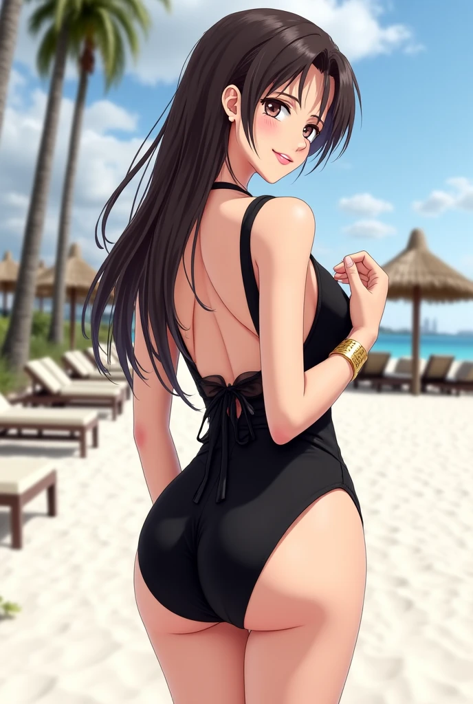 Anime art style, a close-up view from behind of a busty girl in a bikini, brilliant background, skimpy bikini, HH-size breasts, big butt, dark hair, lovestruck, beside the pool, flirty pose, elegant face, (best quality: 1.5), dynamic pose, digital illustration, ideal anatomy, highly detailed, concept art, smooth, sharp focus, illustration, detailed face, detailed background, no word, no signature, intricate, classy, four fingers and one thumb per hand, perfect lighting, very detailed, UHD, hd, a view from behind,