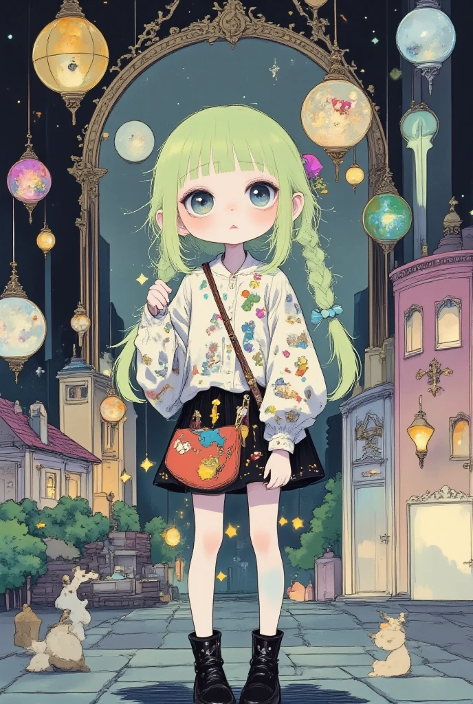 Studio Ghibli Dark Fairytale, Hunchback、Hunchbackの女の子、thick round bottle glasses、freckles、green hair, Big Hair , messy hair ,braid pigtails、Lean on a cane、((Frightened))、((Big breasts))、big magic wand on your back、wizard costume、10th Generation, lorafy_de, young