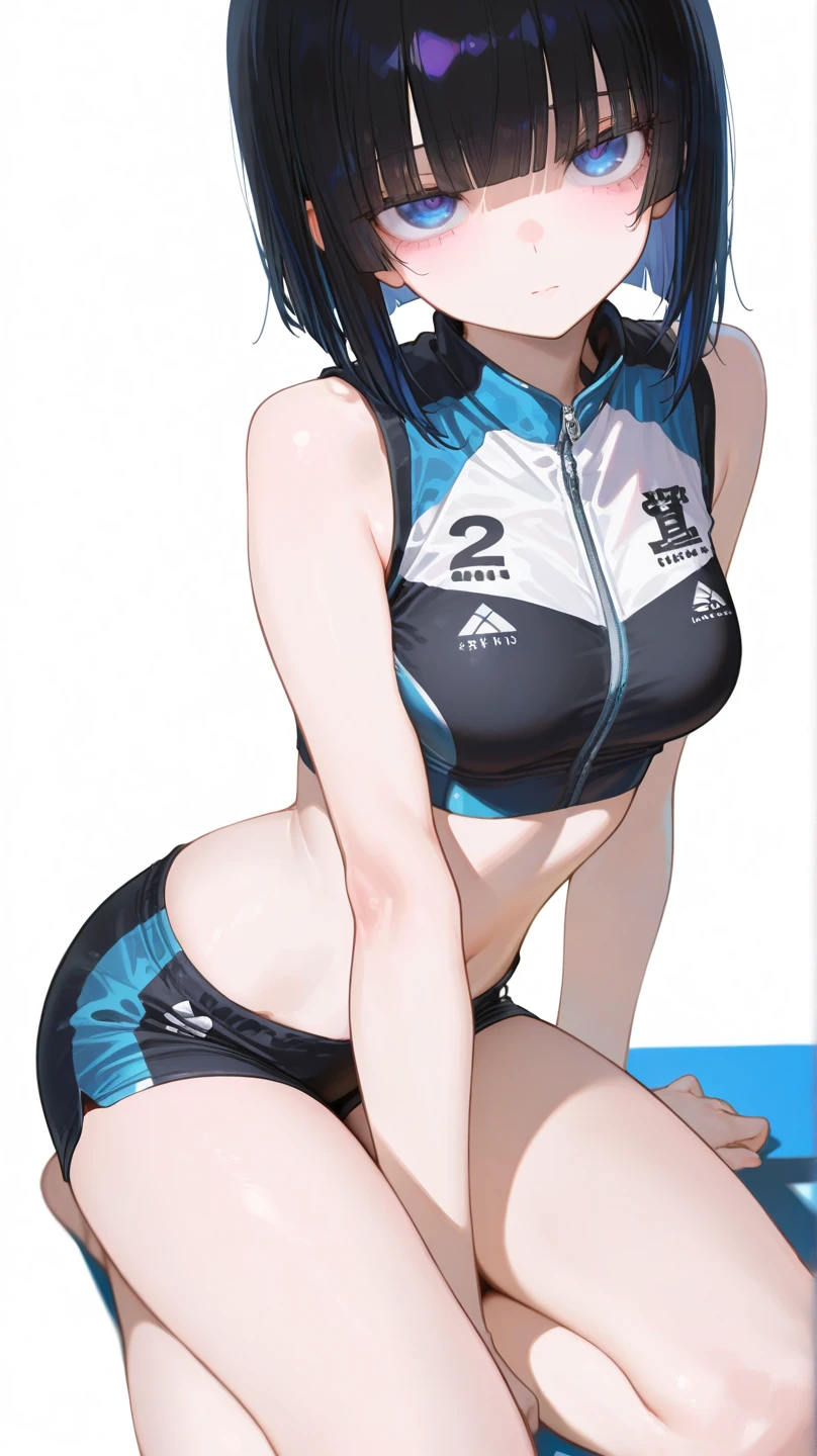 (Original Character、Unity 16K Wallpaper, Masterpiece, Best Quality, Ultra-Detailed, Extremely Detailed CG, Caustics, Cinematic Lighting, Detailed, Beautiful Detailed Eyes, solo), Ultra High Resolution, fine skin, (track and field:1.2) 、(strong light)、oily skin,smile , from front:1.2、(sexy women)、Arena、full body shot、separate、racing bloomers、show off belly,show off neck,sunny day、cowboy shot,dark blue hair