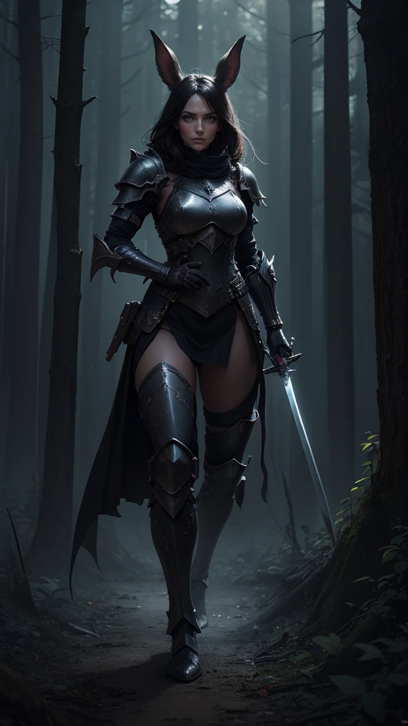 Neko Catgirl, enormous boobs, holding a whip and shield, hiking on wooded path