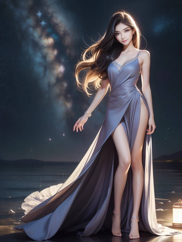 (masutepiece,Best Quality:1.4),(8K,Raw photo,photographrealistic:1.2),(FULL BODYSHOT:1.1),Goddess in the expanse of the Milky Way, Dress made of stardust, Dress adorned with constellation designs,beautiful woman, beautiful face, detailed skin,detailed face,detailed eyes, Crystal Ballet Shoes, Long hair evoking the darkness of the night sky, Large gemstone pendant reminiscent of the cosmos, Glittering trails of flowing stars