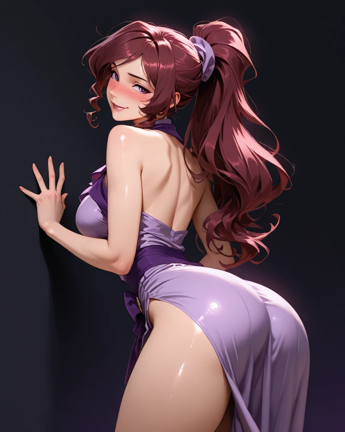fern, long hair, bangs, (purple eyes:1.1), purple hair, sidelocks, blunt bangs, (bright pupils:1.5), half updo,(large breast:1.2) ,BREAK (naked apron, ass:1.2),(nice leg line:1.3), BREAK looking at viewer,to stand,cool face, cheerfulness,downy,(facefront), armpits,arm up, BREAK ((with a pure white background)), BREAK (masterpiece:1.2), best quality, high resolution, Light effect, ultra-clear, high definition pictures, (perfect hands, perfect anatomy),