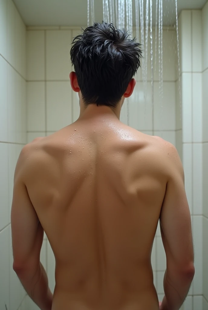 There was a man standing in the shower and wearing a towel., Image inspired by Adam Dario Keel, Reddit, concept art, back - shoot, Backshot, His back is turned., The video is still there., movie screenshot, with his back turned, water dripping from him, under the shower, 4 0 9 6, Zoom out