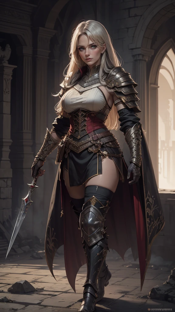A young and beautiful, muscular female heavy-armored warrior in massive, thick, blood-splattered plate armor, caked with mud and deeply scratched from countless battles, removed, reveals a sweat-soaked face, with blood and dirt streaking her youthful features. She takes a deep, labored breath, gripping a colossal, battle-worn axe, standing resolute and unyielding, a striking image of strength and beauty after a brutal fight
