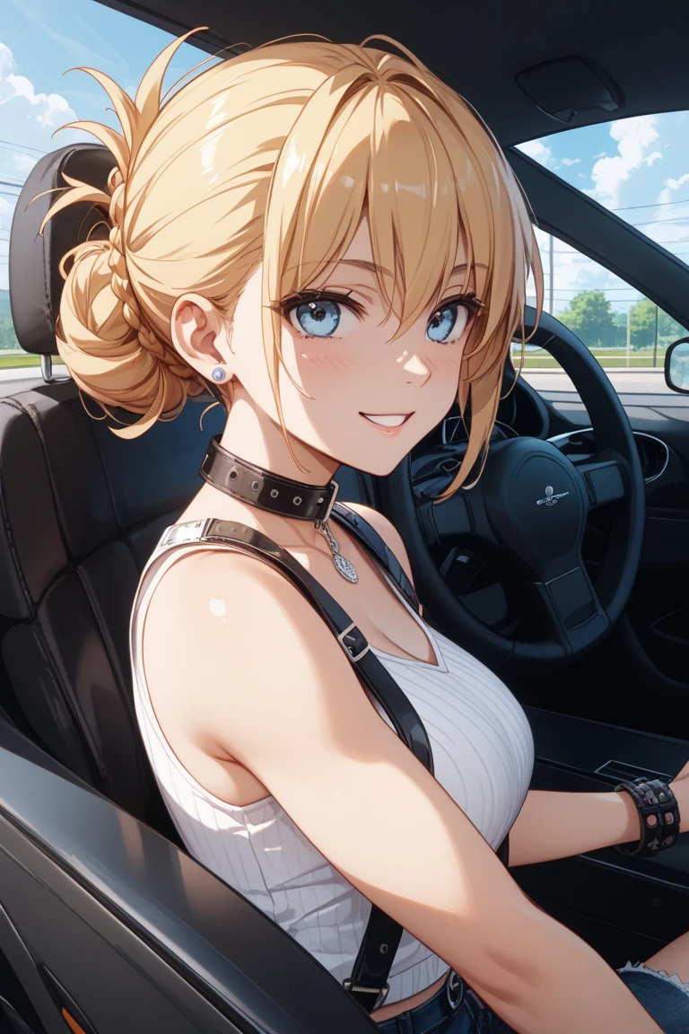 2D Anime Style、Blue eyes、breasts are slightly larger、Short blonde hair with a slight light blue gradation、A cool adult woman with a shy smile....、Black Fashion, Driving a car,