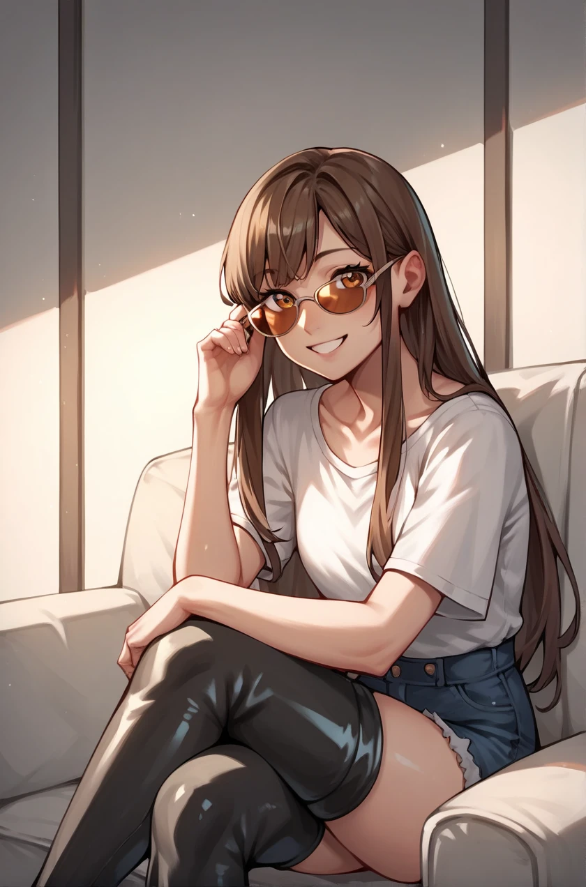 Highest quality, masterpiece, High resolution, alone, {full moon_Fleet Collection:1.15}, Long Hair, Brown Hair, Glasses, brown_eye, red-framed_Glasses, semi-rimless_Glasses, Crescent Moon, black_Seraphim, blush, Under Rim_Glasses, One girl, Closed_eye, Open_mouth, blackセーラー服, (indoor, office, living room), , blackスカート, smile, (Petite)