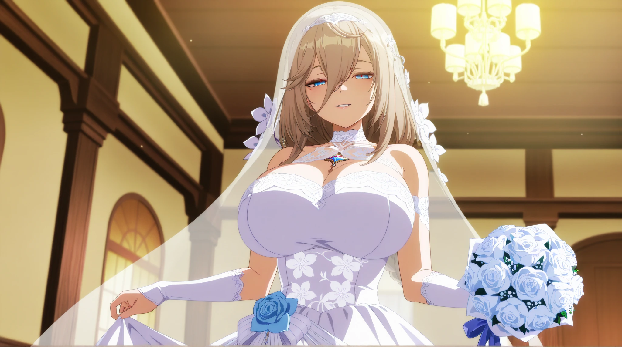 (highest quality、Highest quality、POV、4K,Night view、Very popular gravure model、Beautiful woman with super huge saggy breasts and saggy buttocks、whole body、Happy Face、Dreamy time)Very flashy(YUMI KATSURA Princess Wedding Dress、Wedding veil、tiara、garter belt、pants)、A deserted church at night