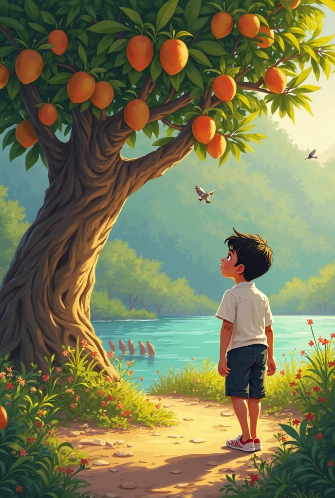 A boy without mustache and beard dreaming his beautiful heaven include , birds, siting under trees with beautiful fruits evening side view