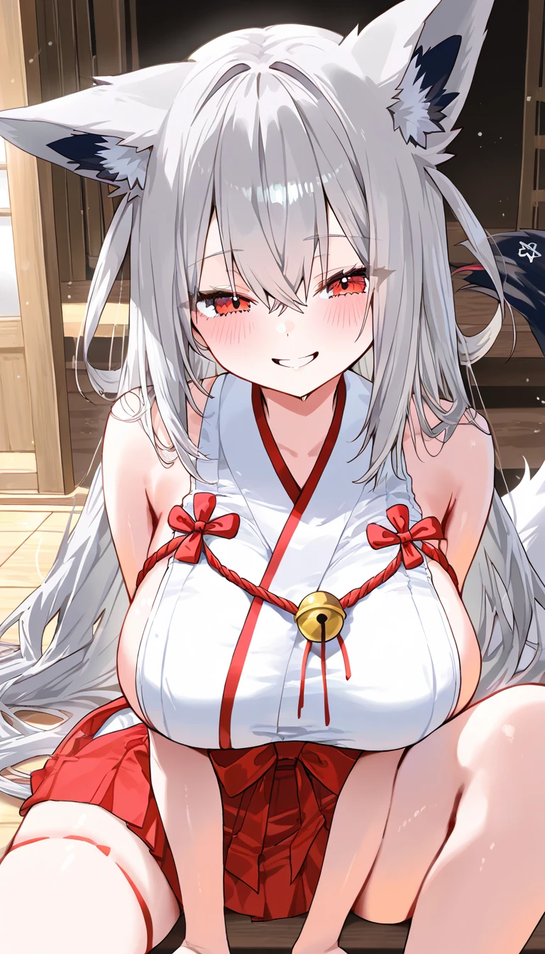 (Masterpiece), (Top Quality Anime Illustration), (Super Definition), One Girl, Solo, Silver-haired Beautiful Girl, Anime Loli, Cat Ear Loli, Red and White Priestess Costume, Lori Priestess, Smile, Cleavage Emphasis, Lower Breast Emphasis, Thigh Focus
