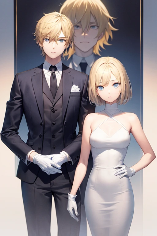 have an anime character with yellow hair up wearing a white jumpsuit and a black tie and blackface man 