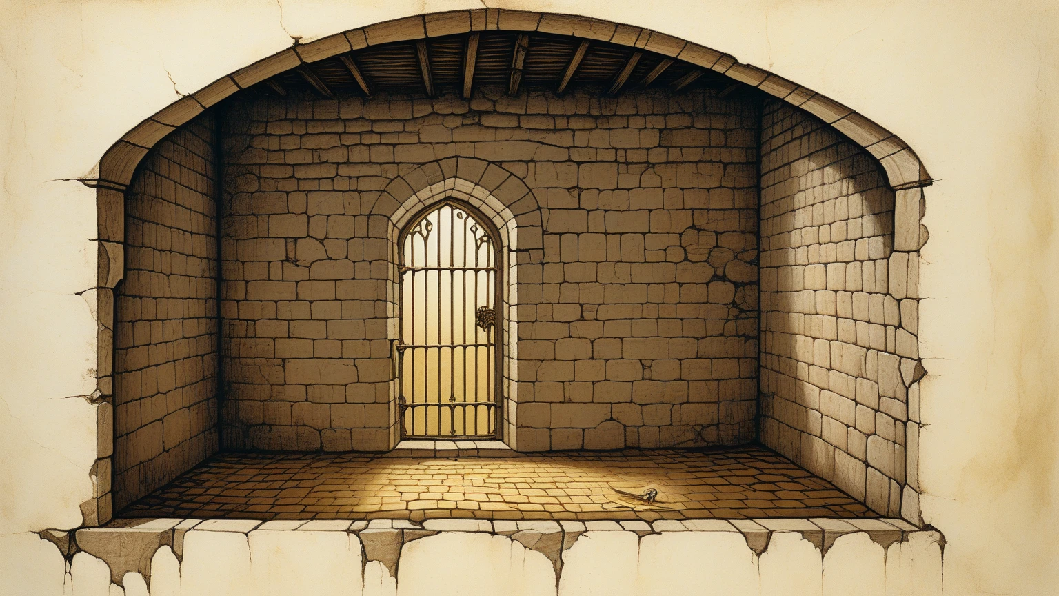 "Visualize a dimly lit cage room within an ancient Colosseum, where fighters reside. The room is small, barely enough for one person to stretch out, with iron bars forming the walls, ceiling, and door. The bars are thick and rusted, showing signs of age and wear. The stone floor is rough and cold, stained with blood and dirt. A narrow slit in one wall serves as the only window, allowing a faint beam of light to seep in, casting long shadows across the room. Chains hang from the walls, some ending in shackles, remnants of the room's cruel history. The air is heavy with the scent of sweat and iron, evoking a sense of both confinement and inevitable battle."