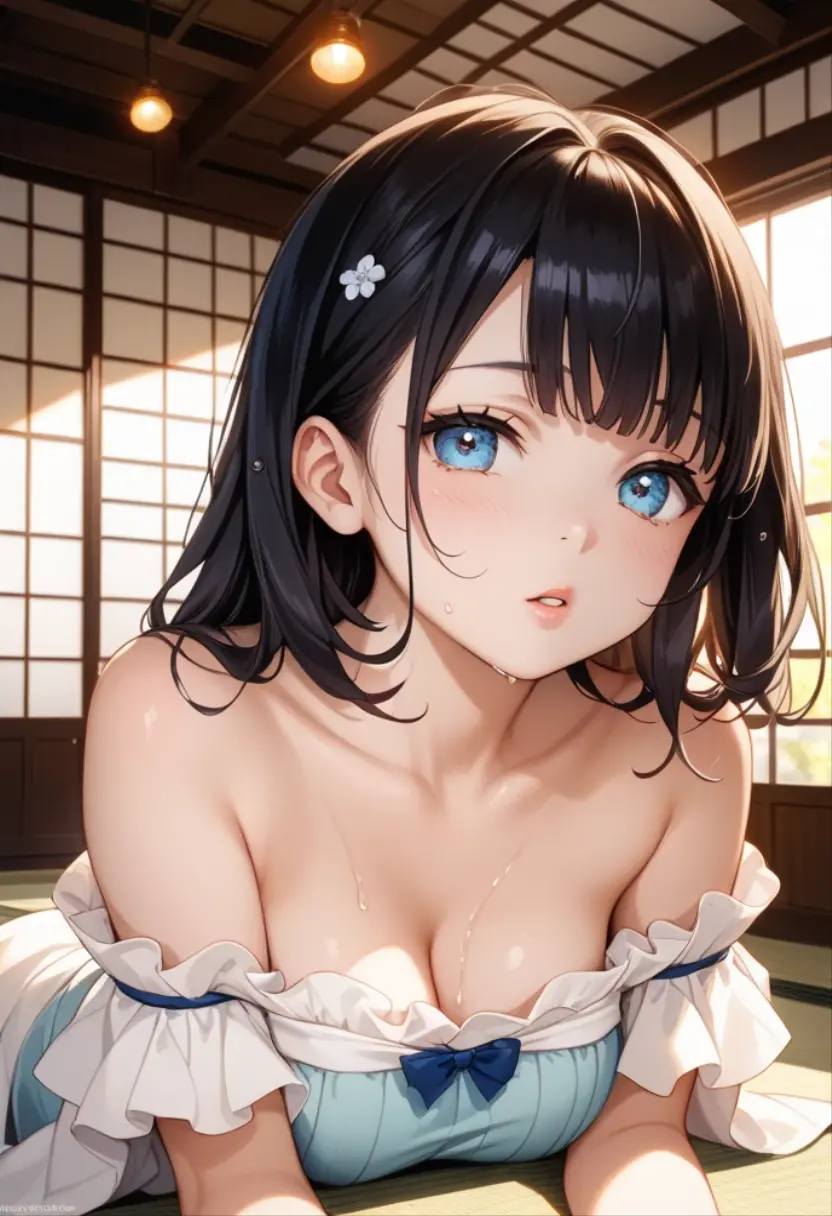 (Masterpiece, BestQuality:1.3), (ultra detailed:1.2), (hyperrealistic:1.3), (RAW photo:1.2), High detail RAW color photo, professional photograph, (Photorealistic:1.4), (realistic:1.4), professional lighting, perfect anatomy, (Big Breasts:1.2), (blush, detailed face), (cheerful Smile:1.5), (Blue Hair:1.5), Trending Hair&Trending Hairカラーをランダムに, earrings, necklace, bracelet, sexly, erotic sexly, Random sexy gravure poses, (Sexy beauty wearing a yukata in a Japanese-style room、Looking up at the camera、In the background, tatami mats and shoji screens、Long black hair cascading down to her shoulders: 1.3)