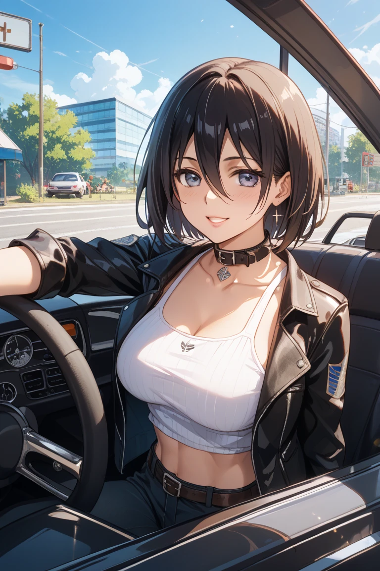 Draw a couple having oral sex in the car. Amanda, a female character with short brown hair and brown eyes. Her breasts are small and perky, slim waist and an amazing big ass. She is having oral sex inside the car on a man with short purple hair. She puts the man&#39;s penis in her mouth holding it with both hands giving a very tasty blowjob. Penis in mouth.